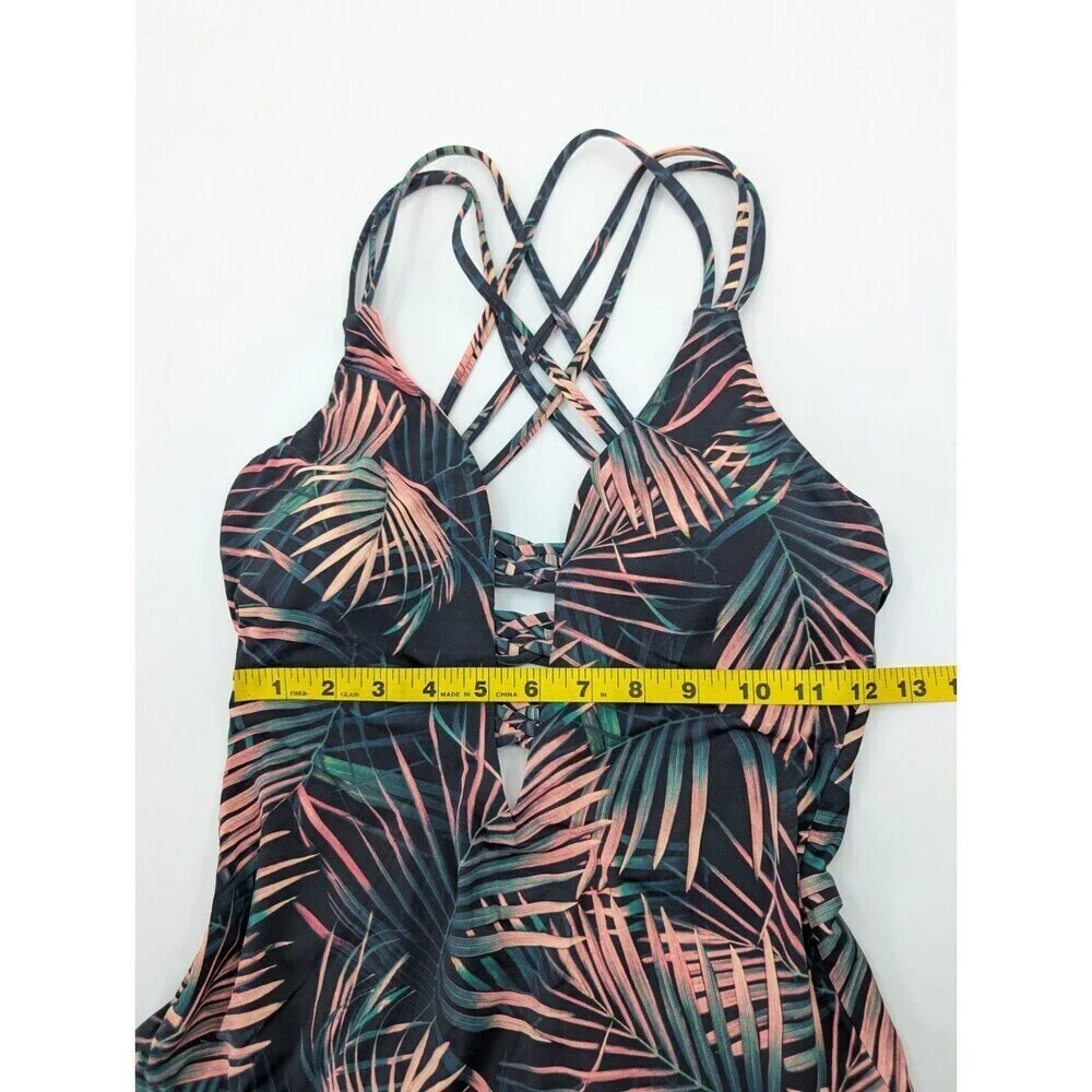 Bar III Swimsuit Women Medium One Piece Plunge Green Tropical Criss Cross Straps